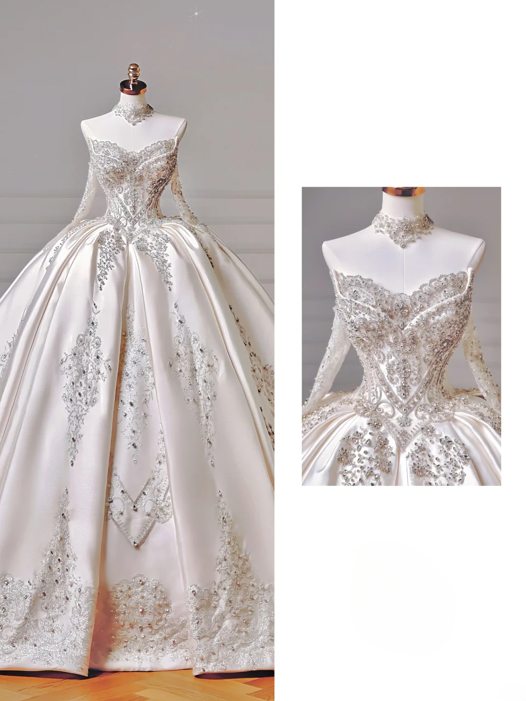 Prinzessinnen-Brautkleid, langes Ballkleid, schulterfrei, Satin, mit langen Ärmeln und Schleppe, Brautkleider AQ037
