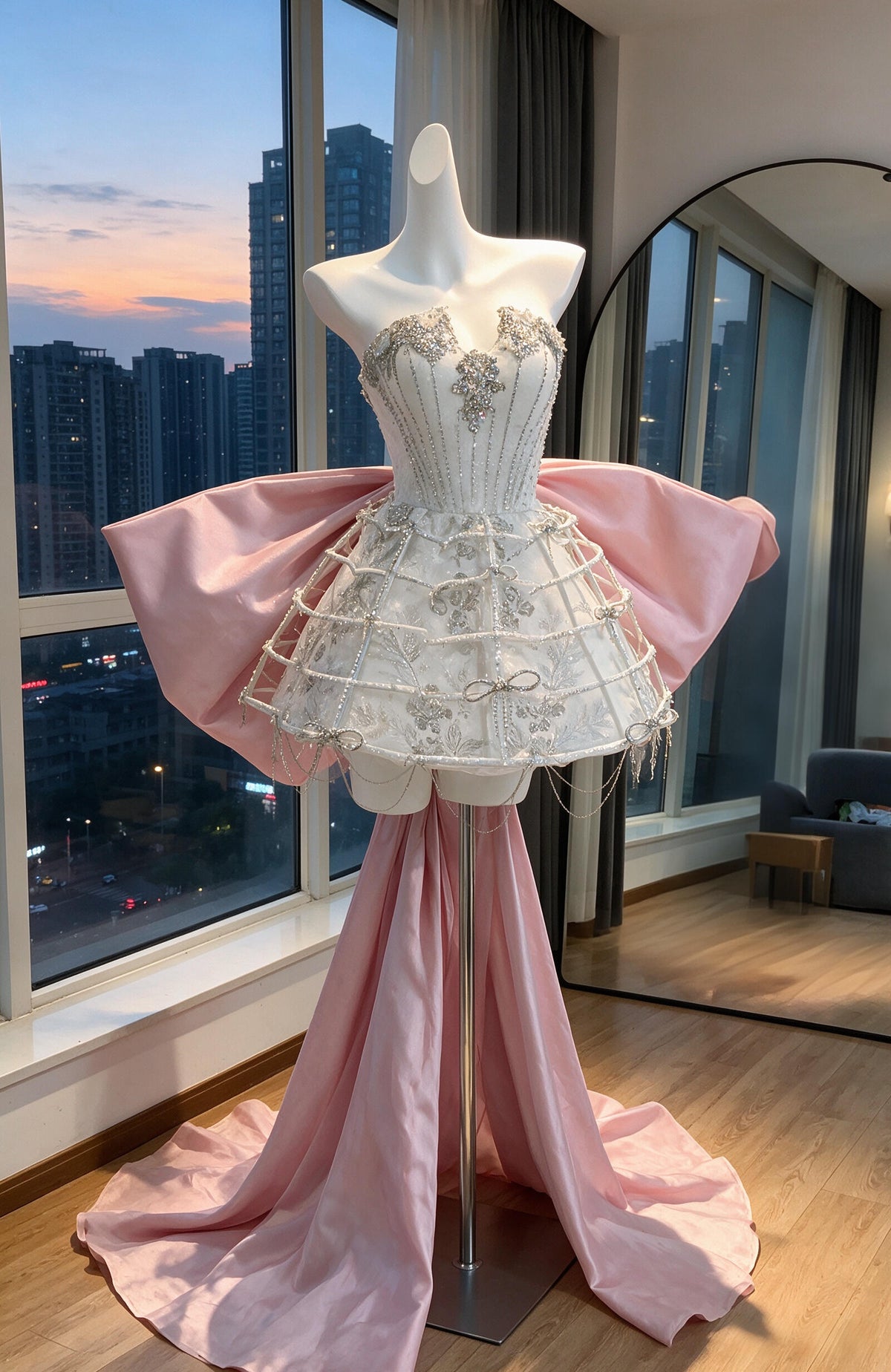 Wedding Dress Fairytale Ball Gown Strapless Short White With Pink Bow Beading Mini Bridal Gown RC0997