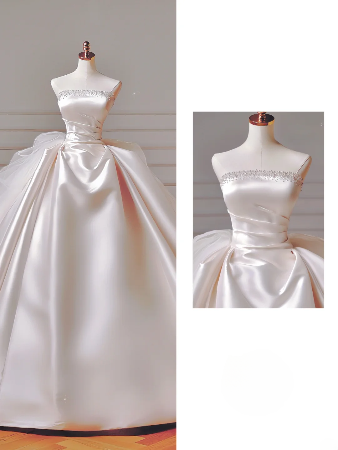 Prinzessinnen-Brautkleid, langes Ballkleid, trägerlos, Satin, mit Perlen und Schleppe, Brautkleider AQ039