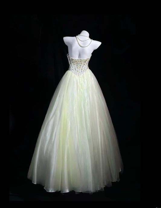 Sophisticated Prom Dresses Ball Gown Strapless Yellow Pink Yellow Tulle With Beading Long Sweet 15 16 Dress Formal Outfits RB5848