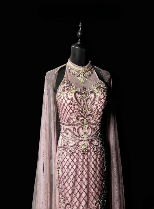 Modest Mermaid High Neck With Cape Pink Long Prom Dress Beading Crystals Formal Dress Long Party Dresses RB6934