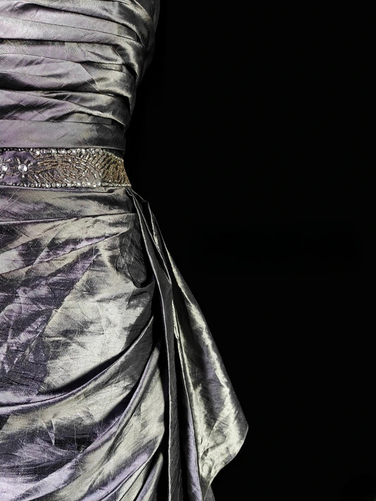 Vintage Ball Gown Strapless Silver Gray Taffeta Long Prom Dress With Ruffled Formal Dress Long Party Dresses RB6935