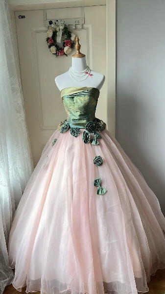 Princess Sweet 16 Dresses Long Strapless Pink With Flowers Ball Gown Sweet Sixteen Birthday Gown RC0416