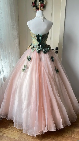 Princess Sweet 16 Dresses Long Strapless Pink With Flowers Ball Gown Sweet Sixteen Birthday Gown RC0416