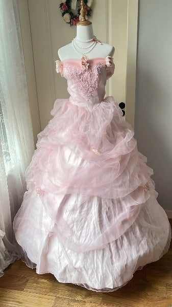 Princess Sweet 16 Dresses Long Off The Shoulder Pink With Ruffled Ball Gown Sweet Sixteen Birthday Gown RC0419