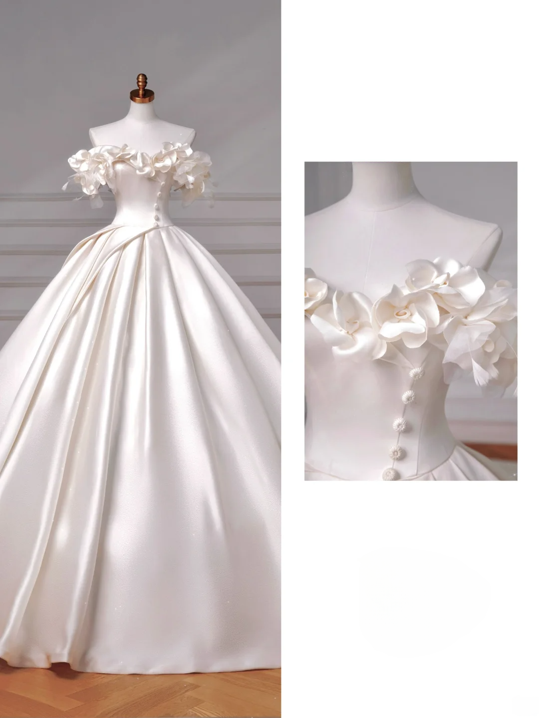 Zeitloses Brautkleid: Ballkleid mit schulterfreiem Satin-Ausschnitt und Rüschen, figurbetontes, langes Brautkleid mit plissiertem Korsett (AQ050)