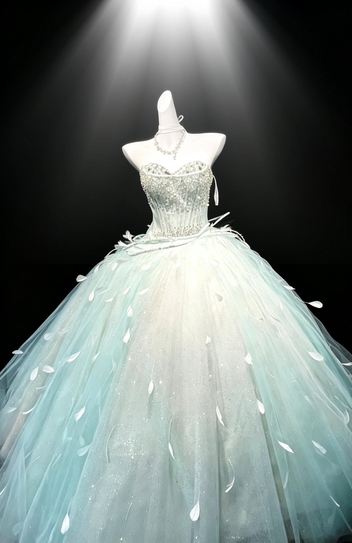 Fairy Quinceanera Dress Ball Gown Sweetheart Blue Tulle With Feathers Beading Quince Dresses RC1081