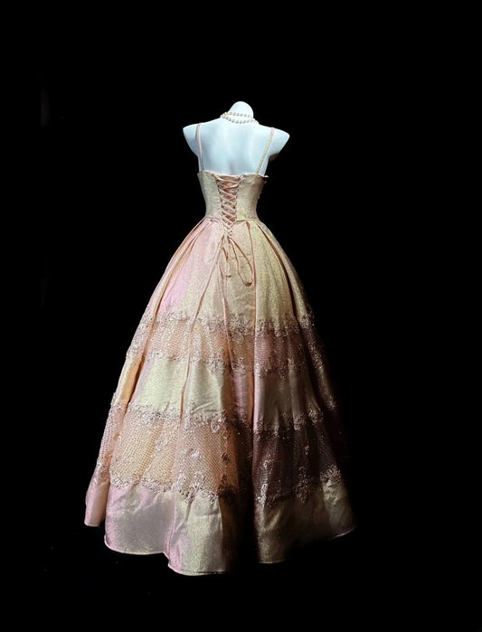 Sparkly Prom Dresses Ball Gown Spaghetti Strap Pink With Lace Beading Long Evening Formal Outfits RB5860