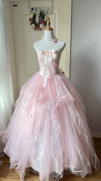 Princess Sweet 16 Dresses Long Strapless Pink With Pearls Ball Gown Sweet Sixteen Party Birthday Gown RC0425