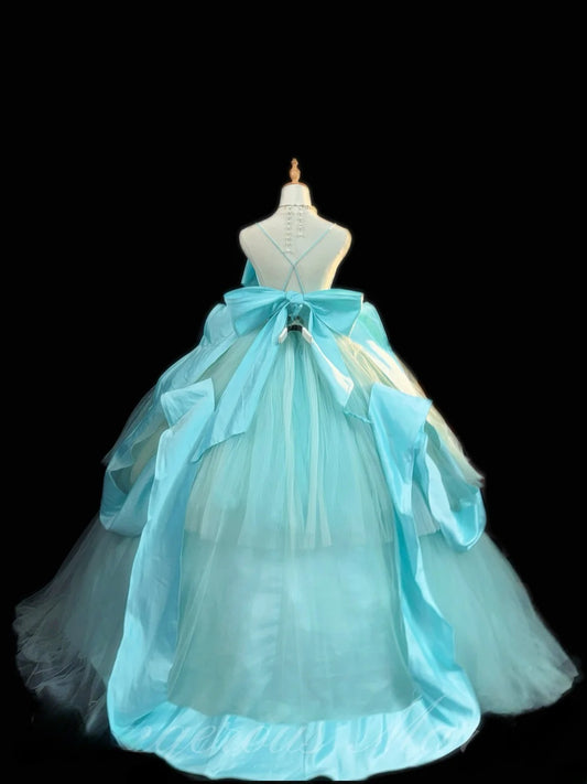 Niedliches Ballkleid Spaghettiträger Satin Blau Tüll mit Schleife Langes Quinceanera-Kleid vestido de 15 de cenicienta RB3457