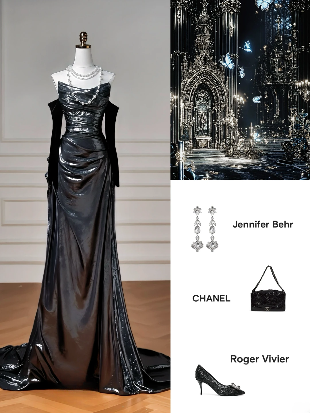 Robe de soirée sirène noire à paillettes, sans bretelles et manches amovibles, longue et élégante, idéale pour les bals de fin d'année et les dîners, pour adolescentes (AQ061)