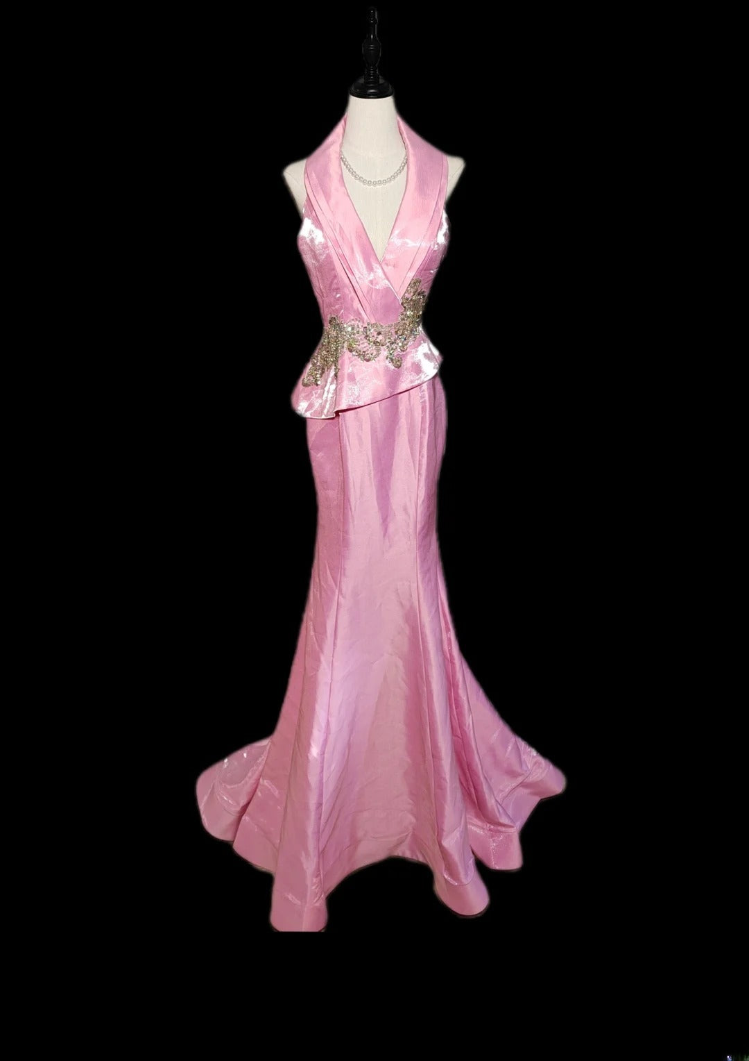 Robe de bal longue sans manches rose à col en V et dentelle dorée, style sirène vintage années 1950, idéale pour les soirées de fin d'études secondaires (AS033)