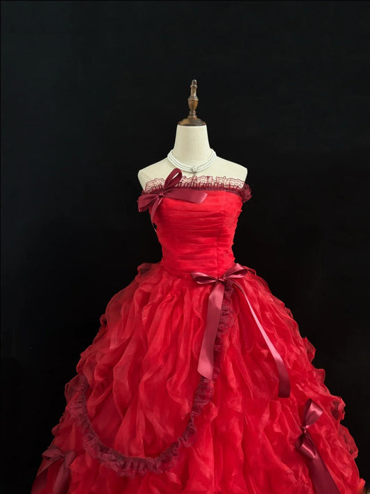 Atemberaubendes trägerloses Ballkleid aus rotem Tüll mit gestuften Lagen, voluminöses Quinceañera-Kleid, Outfit für Sweet 16, Vestido de RB7433