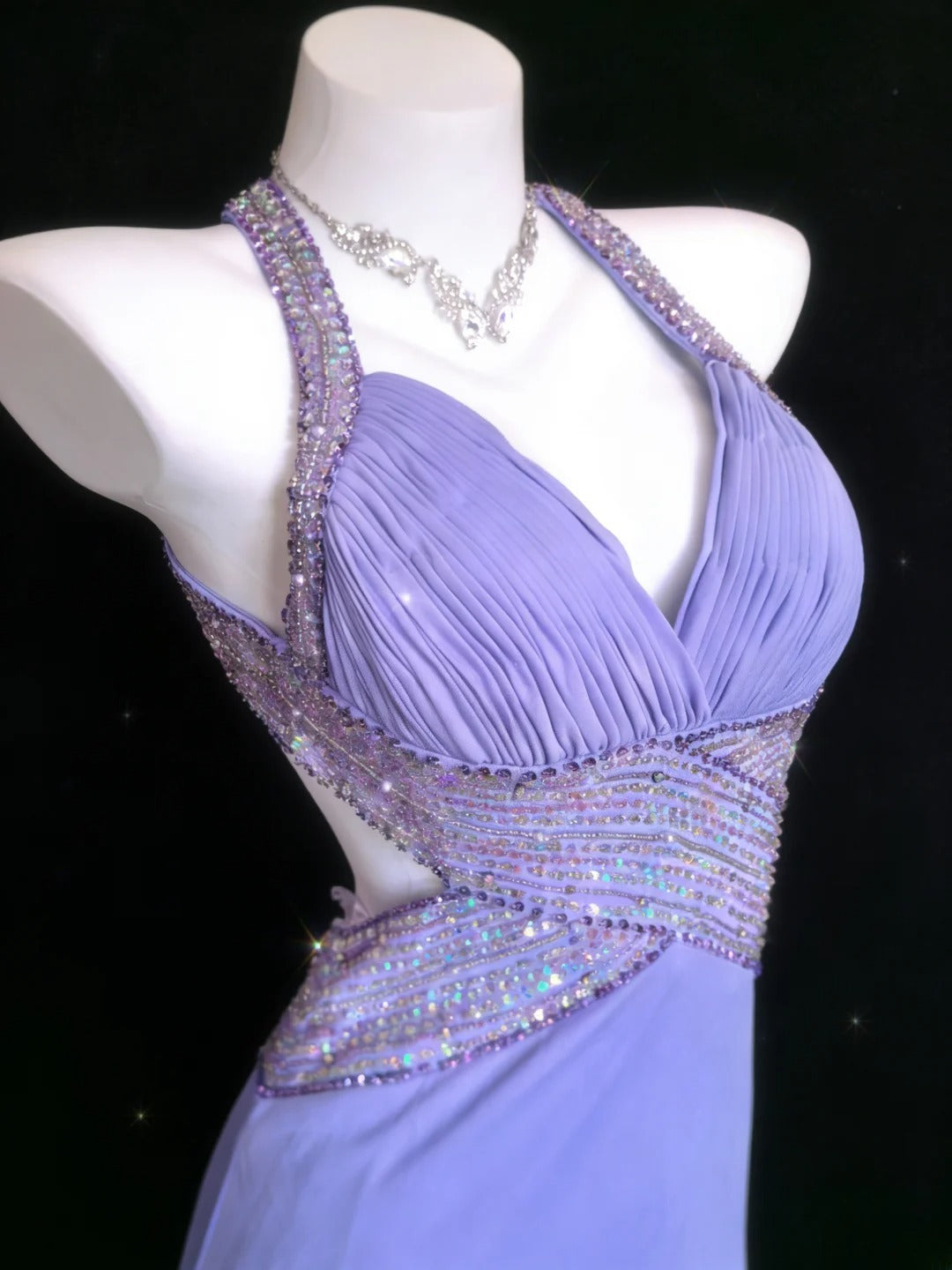 Robe de bal longue rétro années 1950, style sirène, dos nu, lilas, ornée de perles, AS066