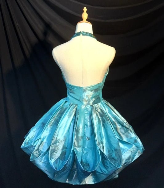 Elegantes Ballkleid Neckholder Blau Satin Partykleid Kurz Mini 18. Geburtstagskleider Hoco Outfits RB3466