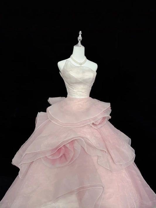 Stunning Ball Gown Strapless Pink Tulle With Tiered Layers Quince Dress Voluminous Sweet 16 Sweet Sixteen Outfits Vestido de 15 RB7440