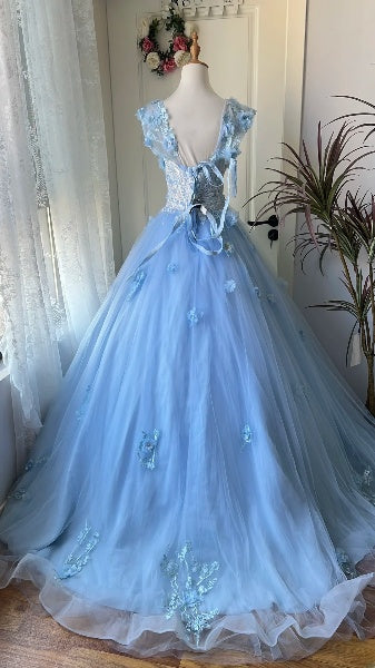 Dream Sweet 16 Dresses Long Off The Shoulder Blue With Lace Appliques Ball Gown Sweet Sixteen Party Birthday Gown RC0440