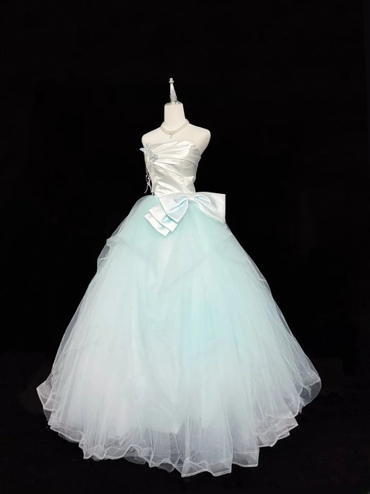 Stunning Ball Gown Strapless Blue Tulle With Bow-knot Quince Dress Voluminous Sweet 16 Sweet Sixteen Outfits Vestido de 15 RB7443
