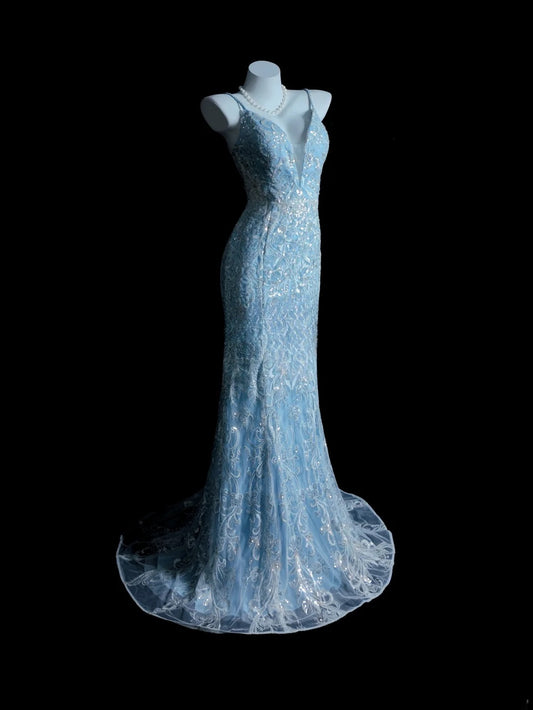 Blaues Abschlussballkleid Inspo Meerjungfrau Spaghettiträger Pailletten dezent langes formelles Partykleid RB9875