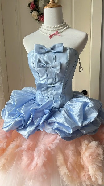 Traumhafte lange trägerlose Ballkleider zum 16. Geburtstag in Blau/Rosa aus Tüll RC0444