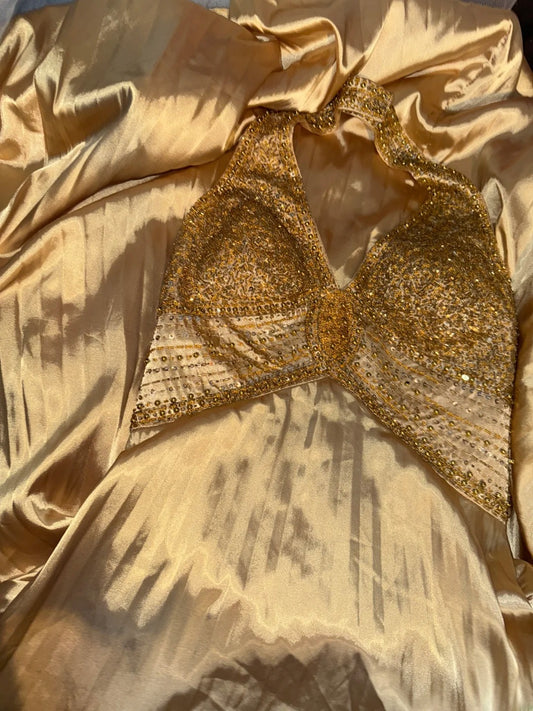 Vintage-Abschlussballkleider A-Linie Neckholder Goldener Satin Ärmellos Mit Goldperlen Lange Abendgarderobe RB3471