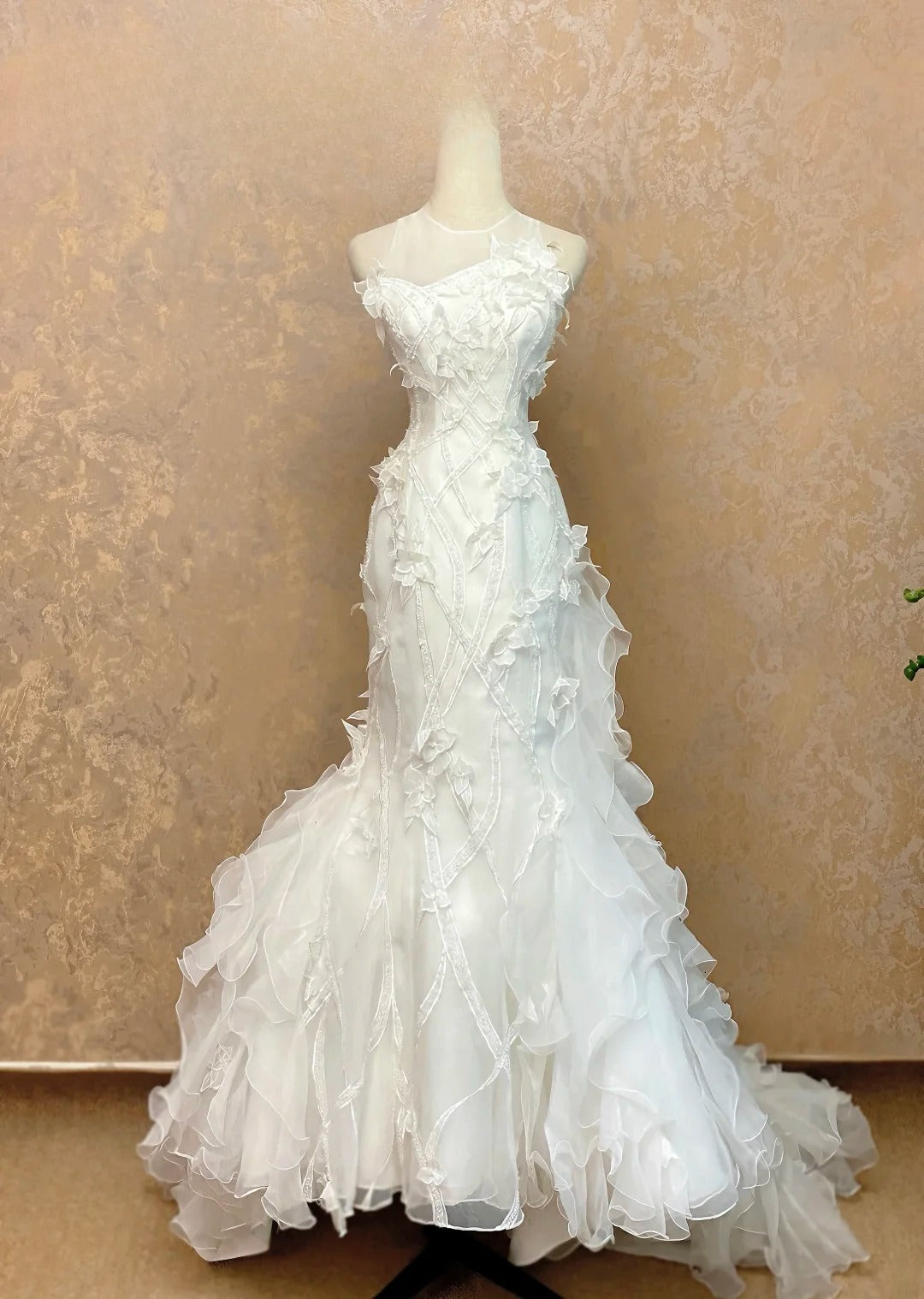 Mermaid Wedding Dress With Tiered Layers Long White Bridal Gown With Train RB9055