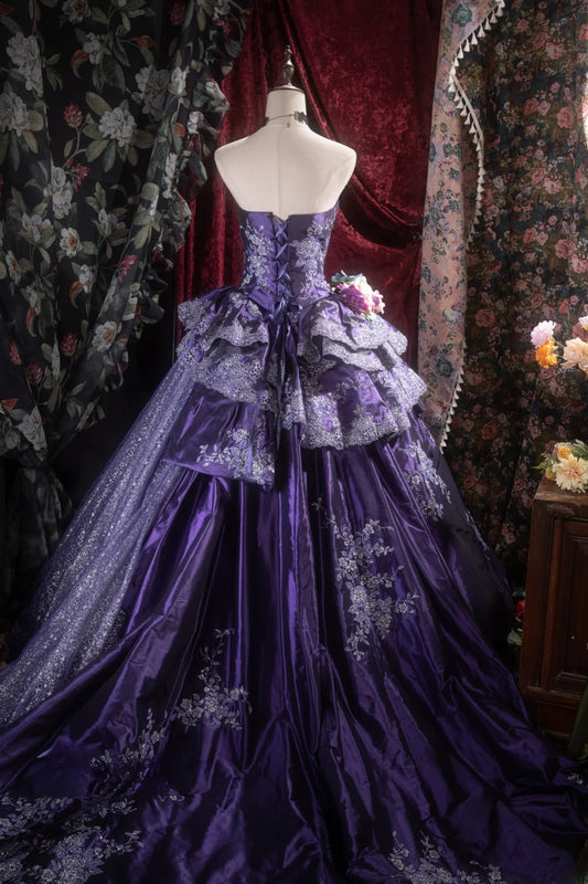 Elegant Ball Gown Strapless Purple Satin With Ruffled Tiered Long Quince Dress Quinceanera Dresses Formal Birthday Outfits RB8096