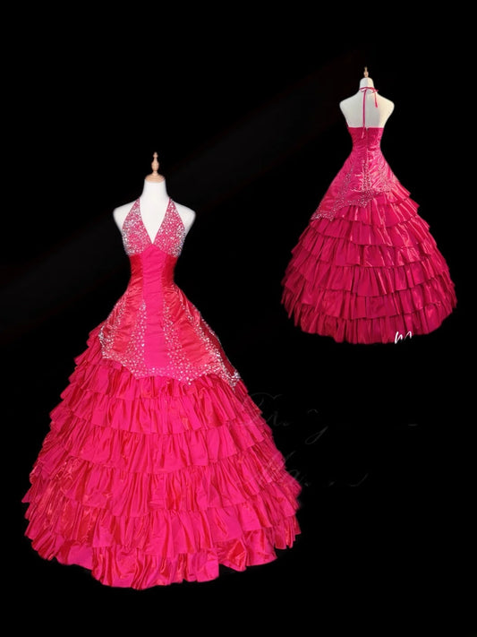Prinzessin Ballkleid Neckholder Pink Ärmellos mit Silberperlen Lange Quinceanera Kleid Cenicienta Kleid RB3474