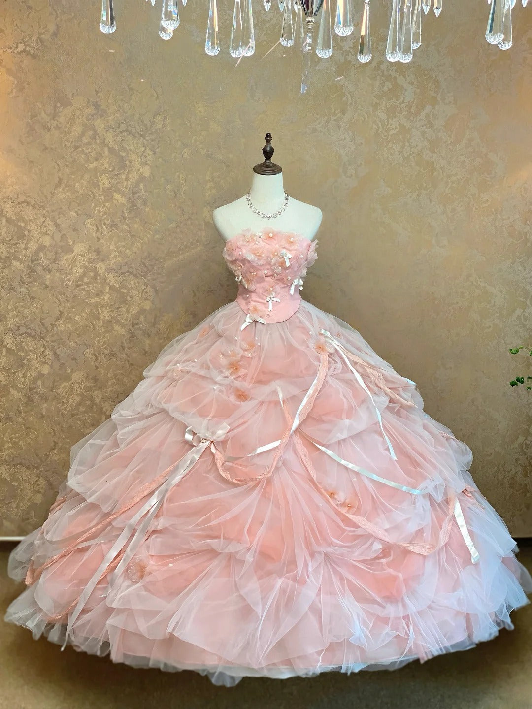 Quinceanera Dress With Flowers Pink Tulle Ball Gown Strapless Sweet 15 15th Birthday Gown RB9057