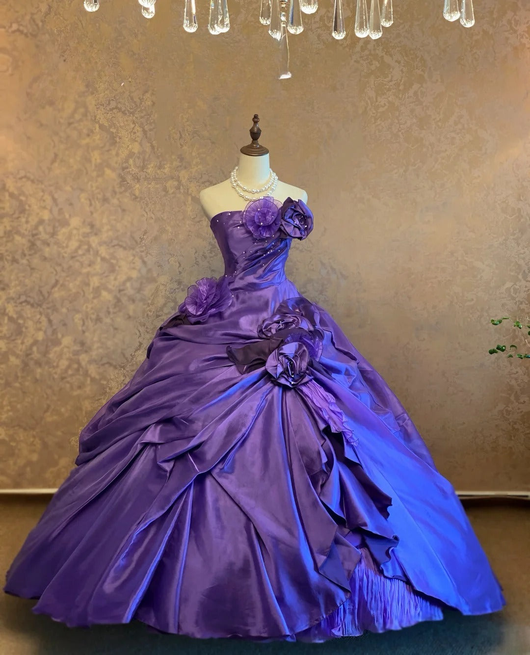 Quinceanera Dress With Flowers Purple Satin Ball Gown Strapless Sweet 15 15th Birthday Gown RB9058