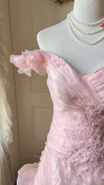 Langes rosafarbenes Meerjungfrau-Promkleid mit schulterfreiem Ausschnitt und Spitzenapplikationen, formelles Partykleid für Damen RC0451