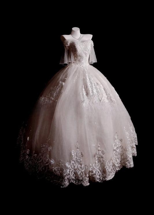 Princess Wedding Dress Ball Gown Off Shoulder White Tulle With Half Sleeves Bridal Gown for Big Day RB9885