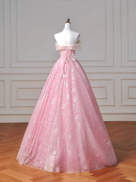 Märchenhaftes, trägerloses, langes, elegantes Ballkleid aus rosa Tüll mit Blumenbesatz und Perlenstickerei, perfekt für Abschlussball, Abendveranstaltung oder Party (AQ085)