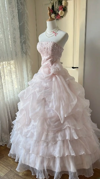 Traumhaftes langes trägerloses Ballkleid in Rosa mit gestuften Lagen für Sweet 16, Geburtstagsparty, Outfit RC0453