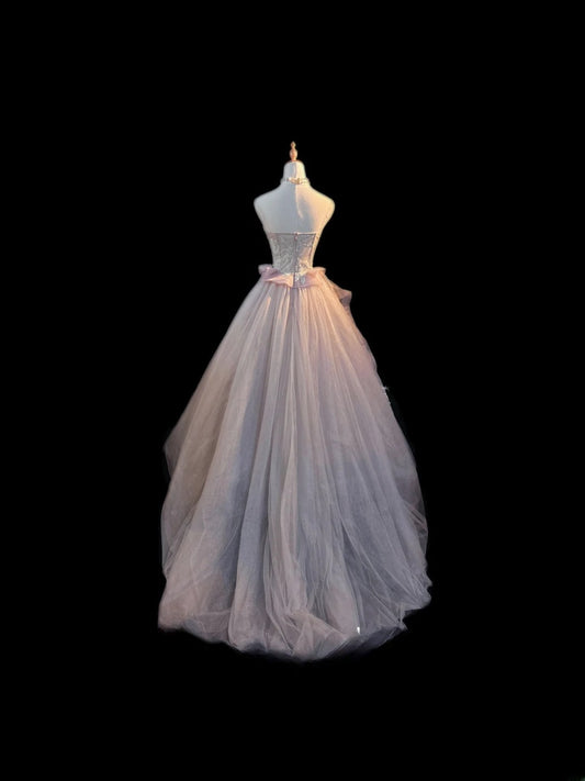 Prinzessin Ballkleid Trägerlos Hellrosa Ärmellos mit Applikationen Langes Quinceanera Kleid Vestido de 15 de Cenicienta RB3479