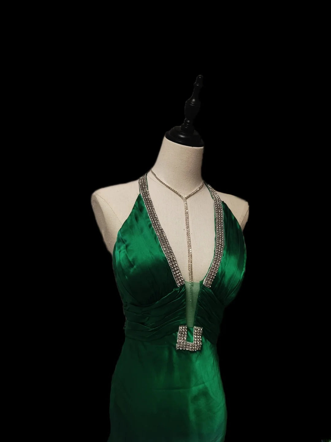 Robe de bal longue sans manches en satin vert satiné, style sirène vintage, dos nu, ornée de perles, pour les élèves de terminale (AS087)