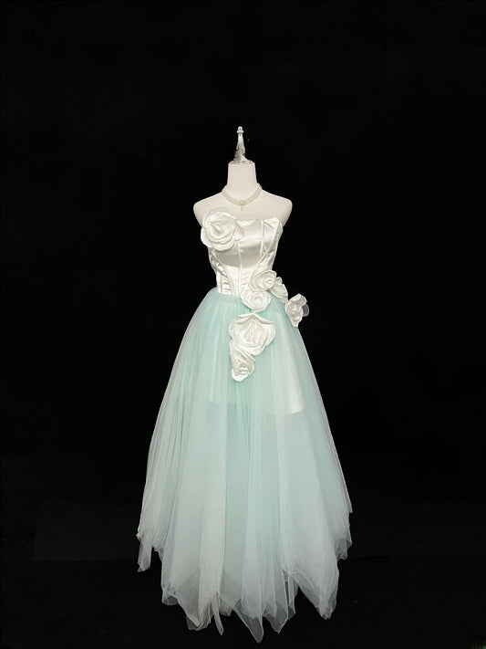 Vintage A Line Strapless Mint Green Tulle With White Flowers Prom Dress Formal Outfits Party Dresses RB7462
