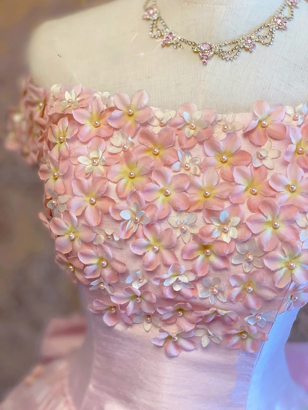 Quinceanera Dress With 3D Flowers Pink Floral Ball Gown Off Shoulder Sweet 15 15th Birthday Gown RB9068