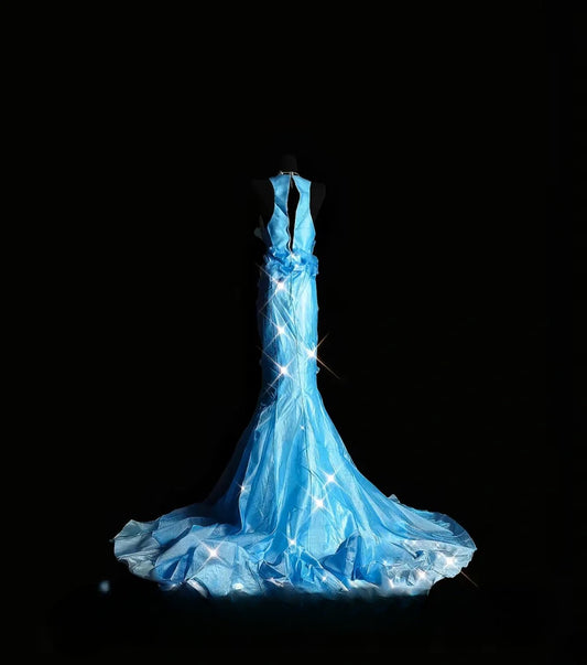 Vintage Mermaid V Neck Blue With 3D Flowers Long Prom Dress Formal Dress Party Dresses RB7086