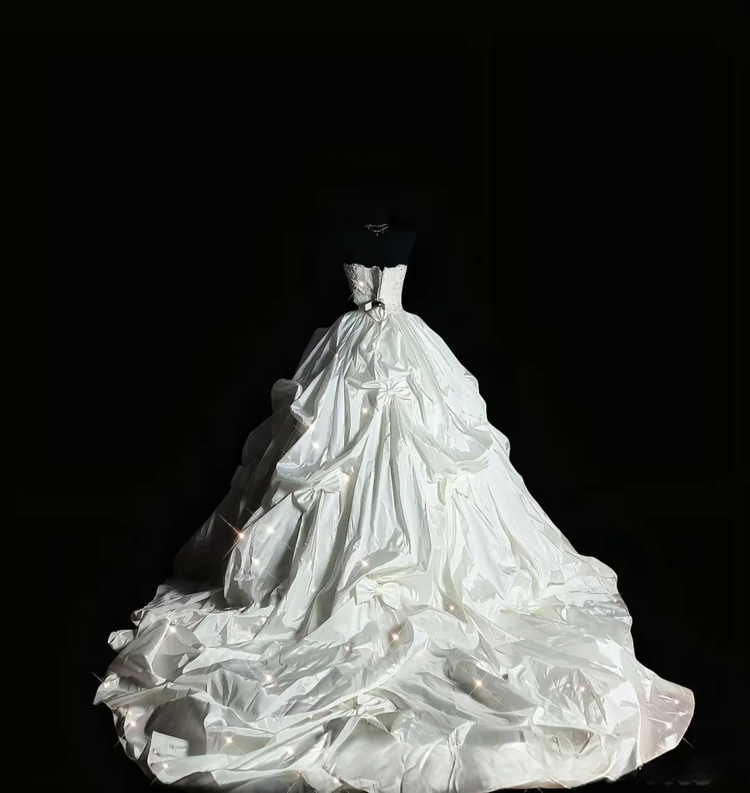 Vintage Ball Gown Strapless 70s With Bow Satin Long Autumn Winter Bridal Dress Wedding Dresses RB8827