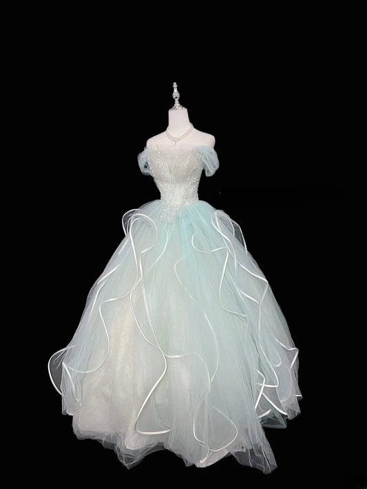 Süßes schulterfreies Ballkleid aus blauem Tüll mit Perlenbesatz, voluminöses Quinceanera-Kleid für Sweet 16, Vestido de 15 RB7472