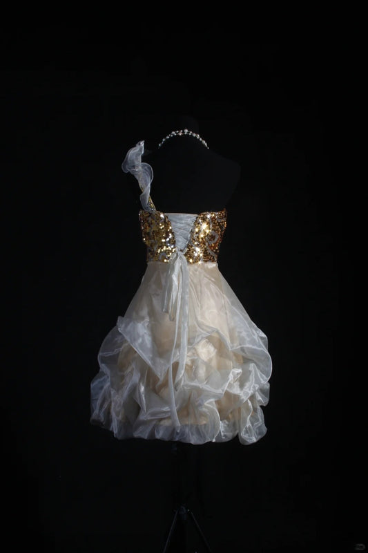 Elegantes, schulterfreies Organza-Abendkleid mit goldenen Pailletten, kurzes Kleid zum 16. Geburtstag, Homecoming-Kleid, Cocktailkleid AS104