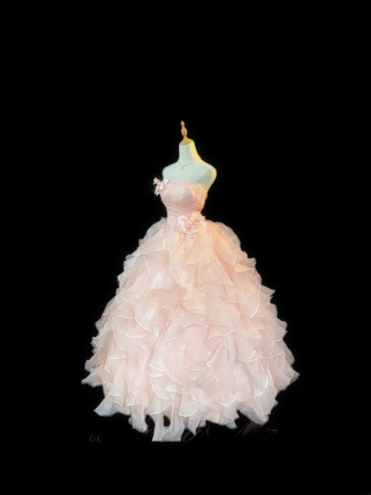 Bescheidenes Ballkleid Trägerlos Rosa Gestufte Lagen Ärmellos Mit Blumen Lange Sweet 16 Kleider Siebzehn Quince Kleid RB3568
