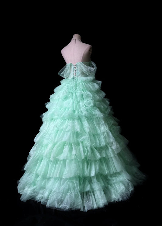 Pretty Ball Gown Off The Shoulder Tulle Mint Green With Sleeves Long 15 Quinceanera Dresses Photo Ideas Formal Outfit RB5918