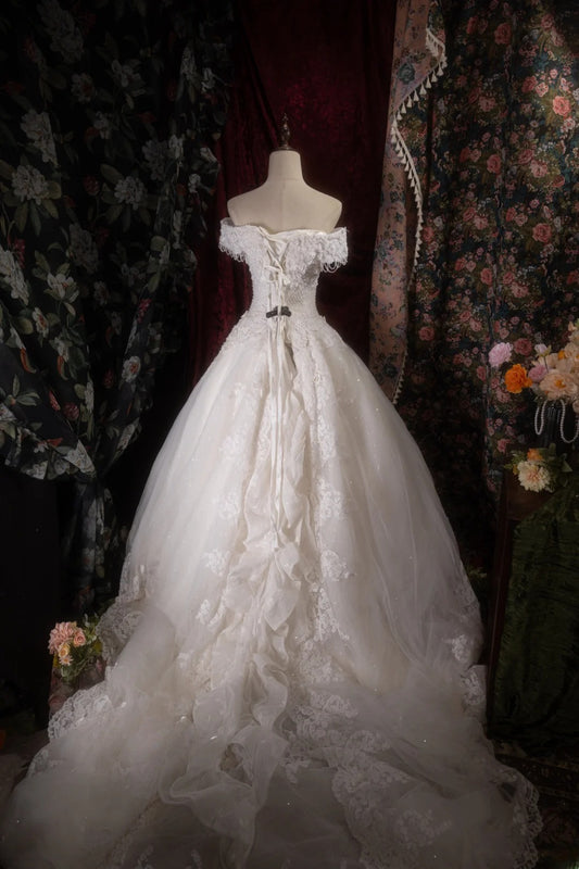 Vintage Ball Gown Off The Shoulder 1950s White Tulle With Lace Long Autumn Brides Gown Bridal Dress Wedding Dresses RB8125