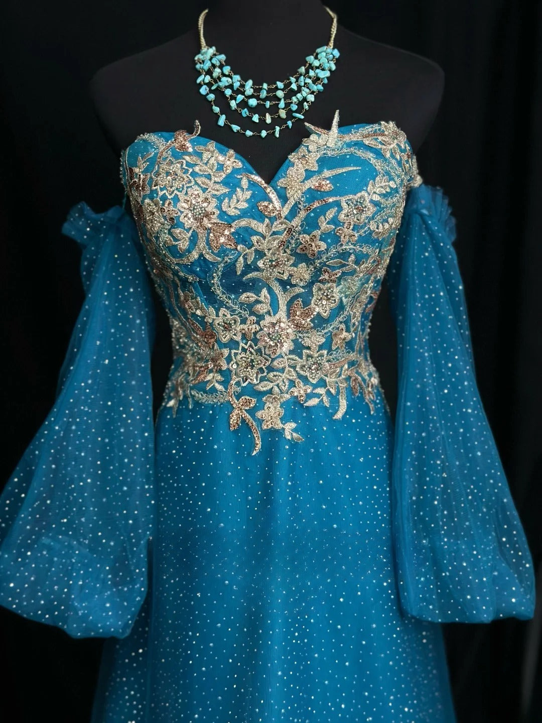 Vintage 1980s Prom Dresses A Line Sweetheart Blue With Sleeves Gold Lace Evening Dress Formal Outfits RB5925