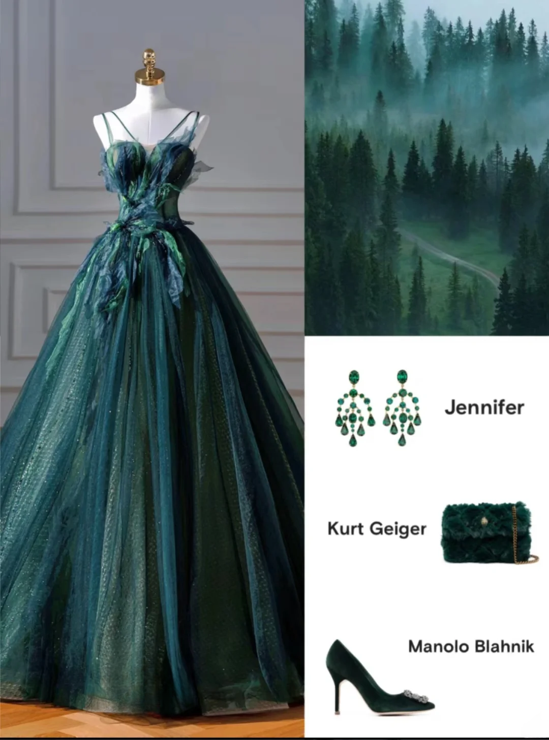 Robe de bal élégante à fines bretelles en tulle vert foncé, longue, pour soirée, dîner ou fête (AQQ116)