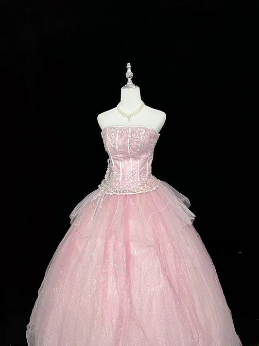 Prinzessinnen-Ballkleid trägerlos pink mit Applikationen Quinceañera-Kleid voluminös Sweet 16 Outfit Vestido de 15 RB7486