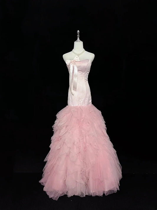 Vintage Mermaid Sweetheart Tulle Pink With Tiered Layers Prom Dress Formal Outfits Party Dresses RB7488