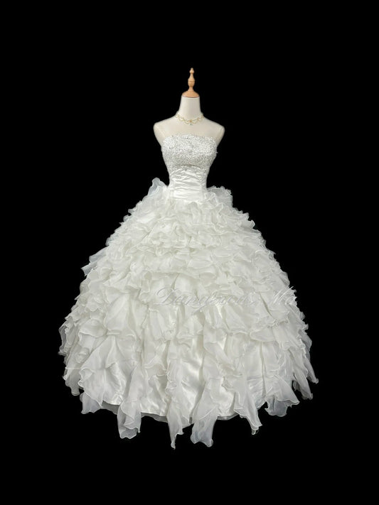 Classy Ball Gown Strapless White Tulle With Ruffled Tiered Layers Brides Gown Bridal Dress Long Poofy Wedding Dresses RB5786